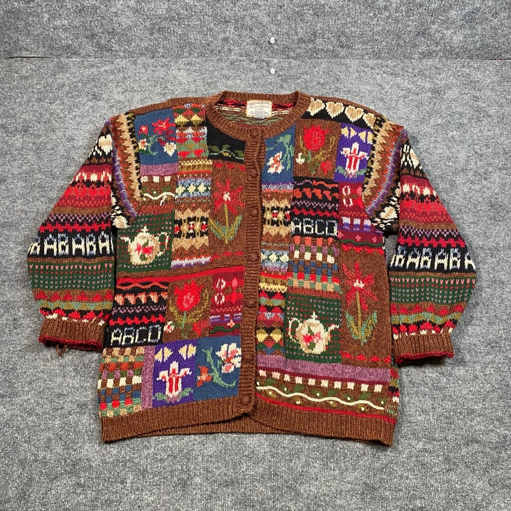 Vintage Heirloom Collectibles Patchwork Cardigan Floral Teapot Brown 18/20